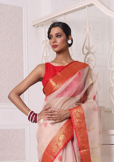 Beige Ethnic Motifs Muslin Saree Set