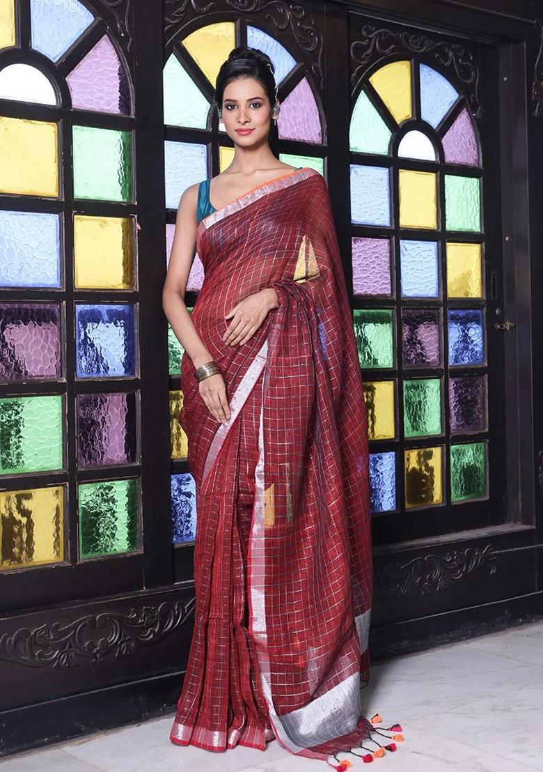 Maroon Checked Print Linen Saree Set