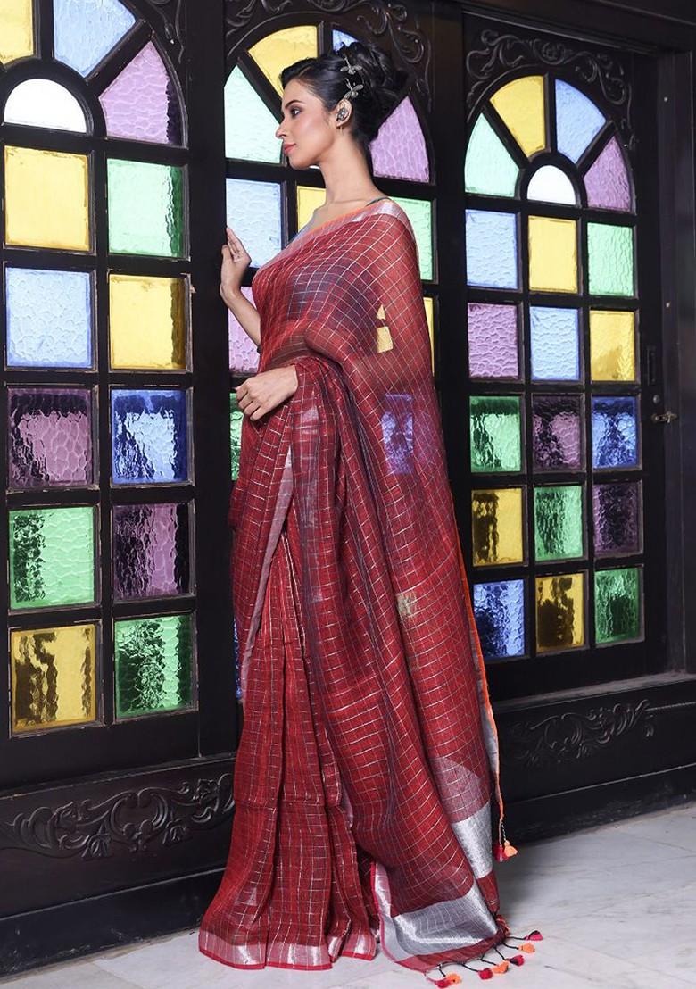 Maroon Checked Print Linen Saree Set