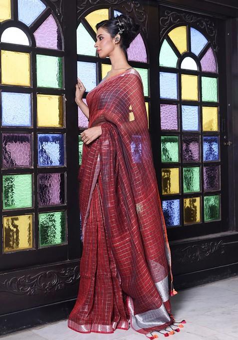 Maroon Checked Print Linen Saree Set