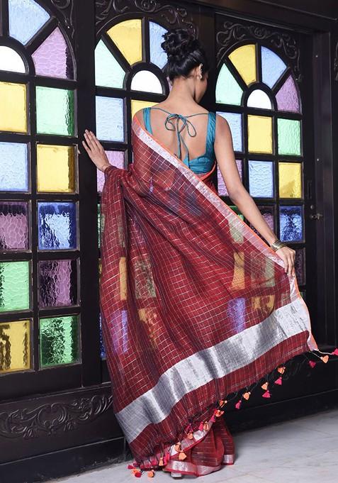 Maroon Checked Print Linen Saree Set