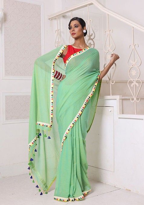 Green Patch Work Mulmul Cotton Saree Set