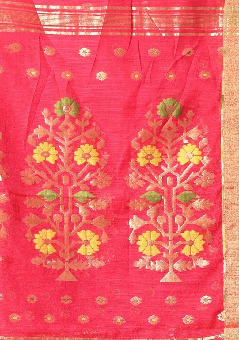 Red Ethnic Motifs Cotton Blend Saree Set