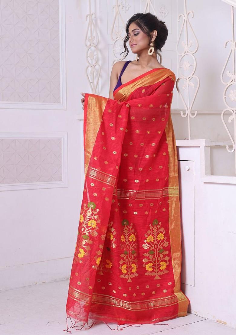 Red Ethnic Motifs Cotton Blend Saree Set
