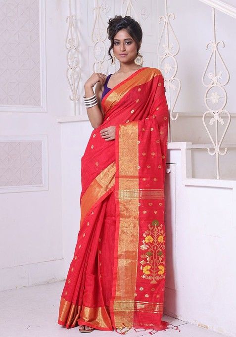 Red Ethnic Motifs Cotton Blend Saree Set