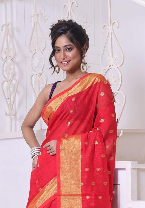 Red Ethnic Motifs Cotton Blend Saree Set