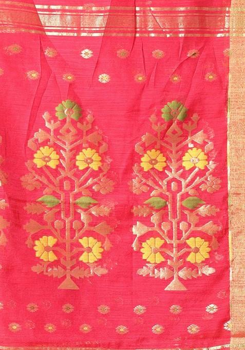 Red Ethnic Motifs Cotton Blend Saree Set