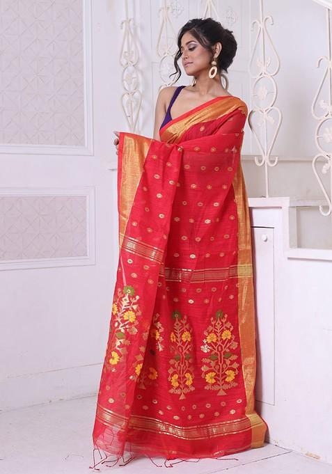 Red Ethnic Motifs Cotton Blend Saree Set