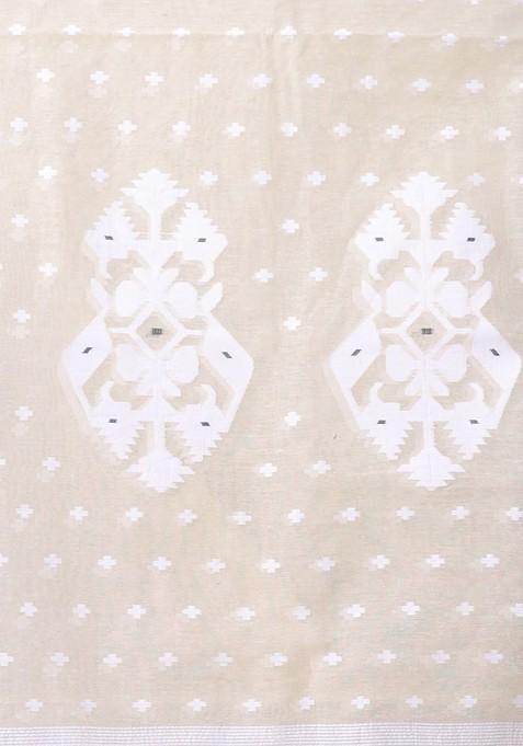 Beige Ethnic Motifs Cotton Jamdani Saree Set