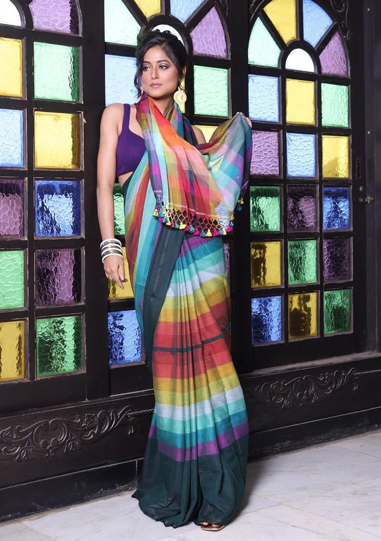 Green Colorblocked Mulmul Cotton Saree Set