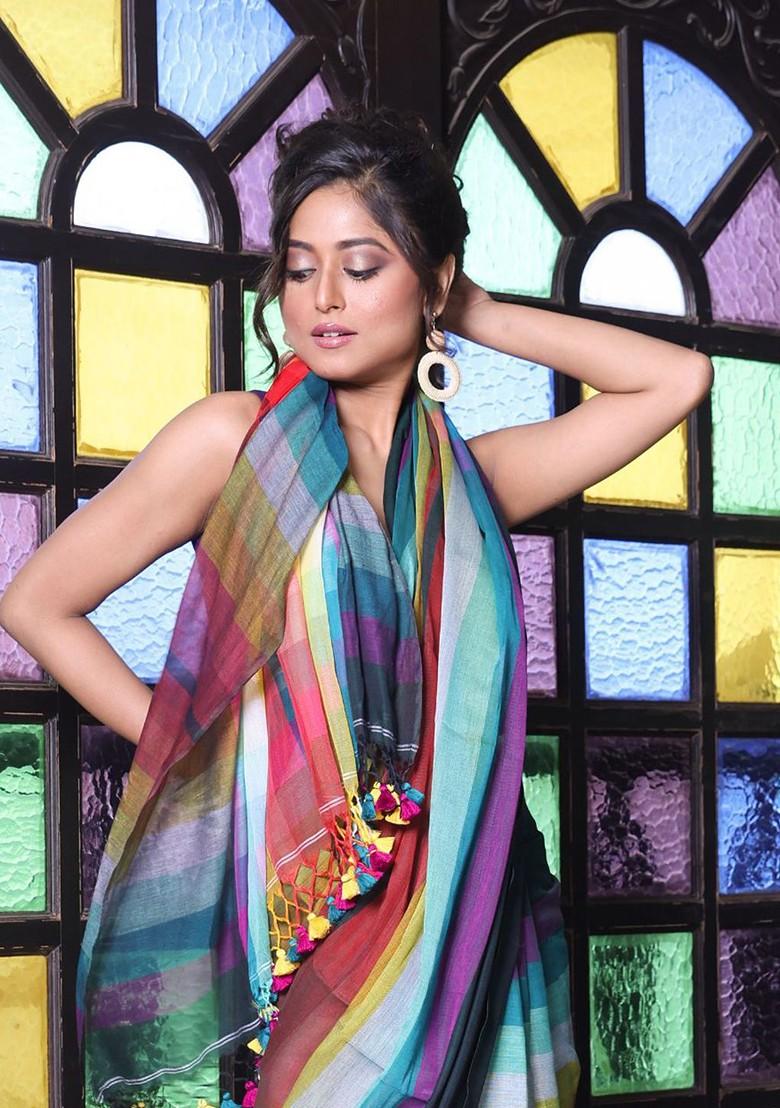 Green Colorblocked Mulmul Cotton Saree Set - Indya