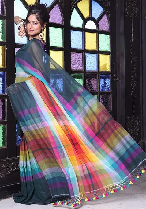 Green Colorblocked Mulmul Cotton Saree Set