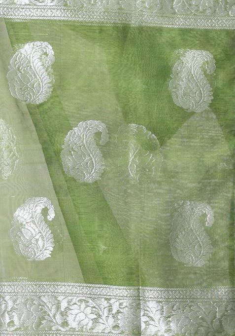 Green Ethnic Motifs Muslin Saree Set