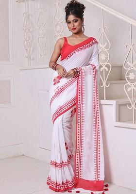 White Floral Print Mulmul Cotton Saree Set