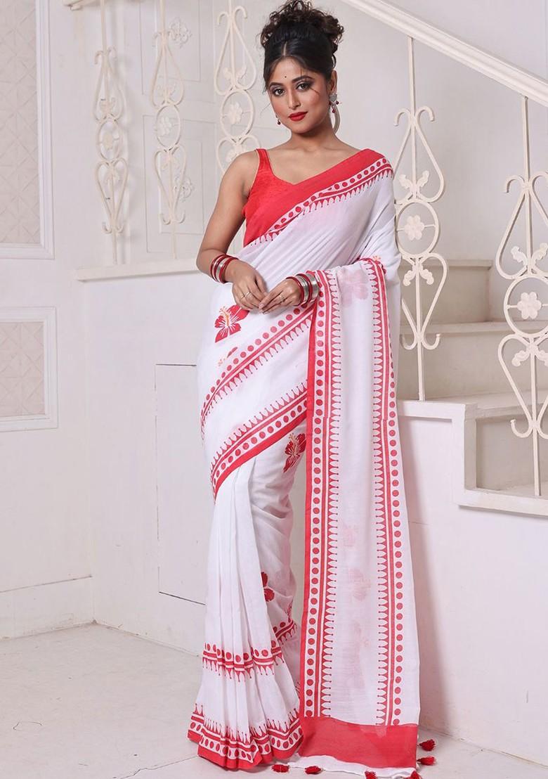 White Floral Print Mulmul Cotton Saree Set