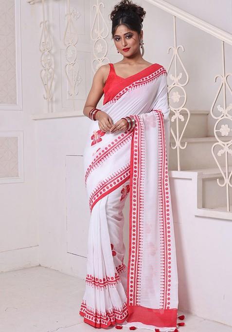 White Floral Print Mulmul Cotton Saree Set