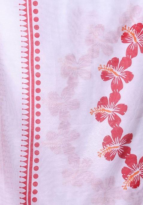 White Floral Print Mulmul Cotton Saree Set