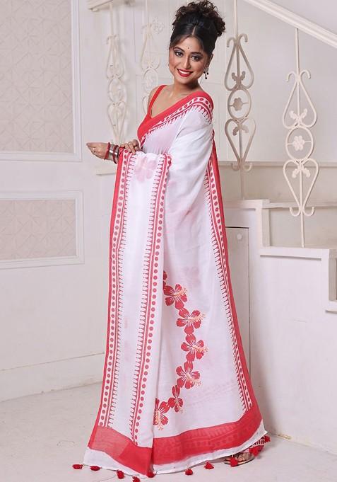White Floral Print Mulmul Cotton Saree Set