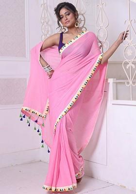 Pink Patch Work Mulmul Cotton Saree Set