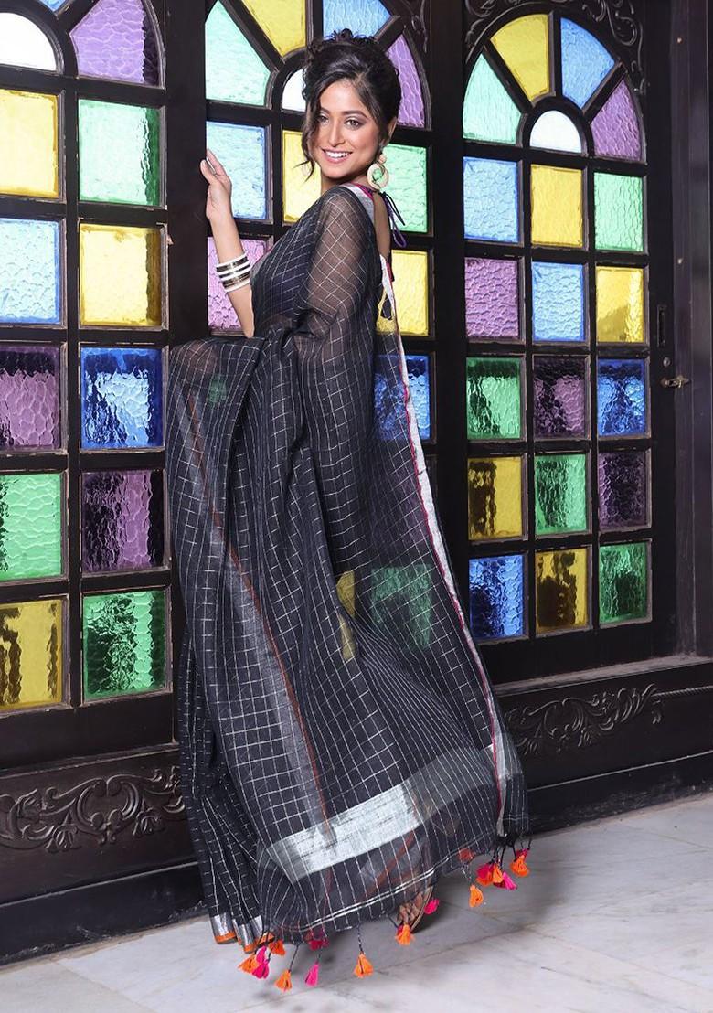 Black Checked Print Linen Saree Set