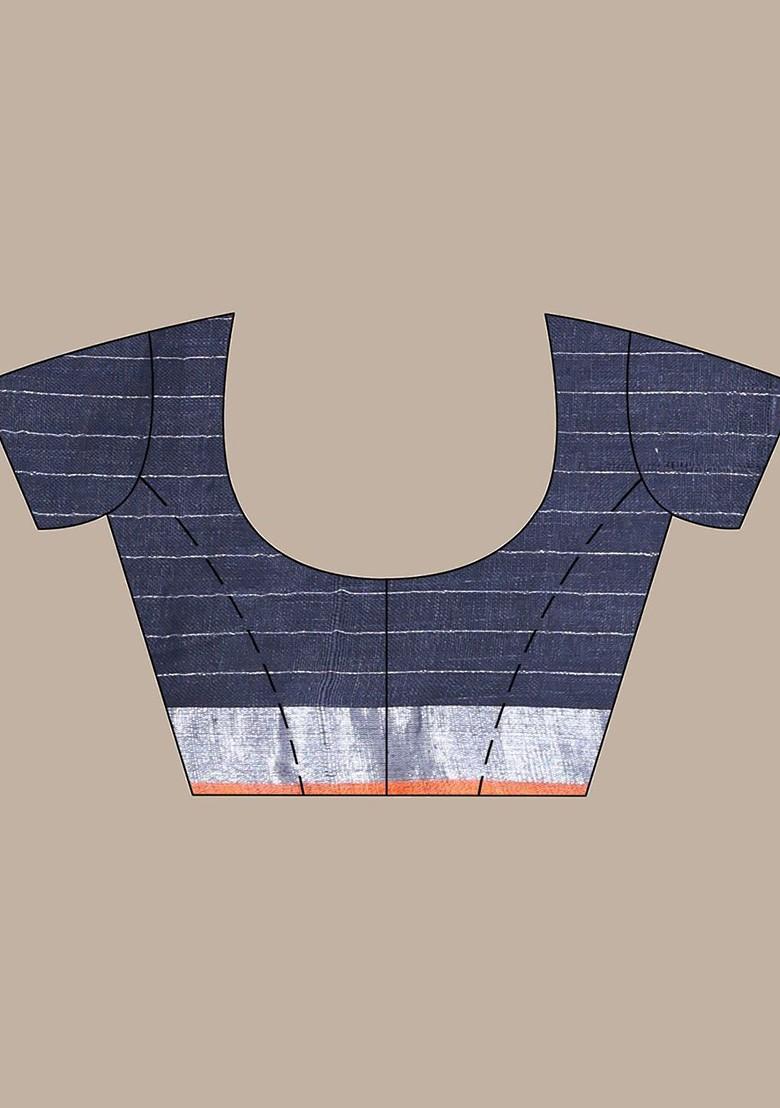 Black Checked Print Linen Saree Set