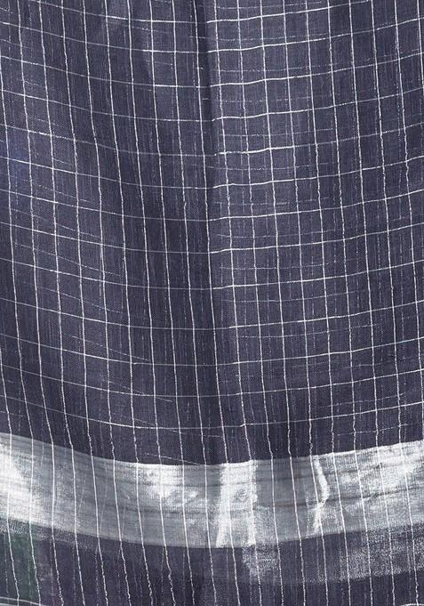 Black Checked Print Linen Saree Set