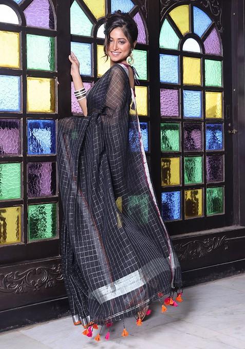 Black Checked Print Linen Saree Set