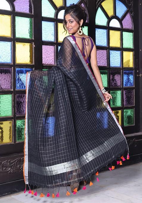 Black Checked Print Linen Saree Set