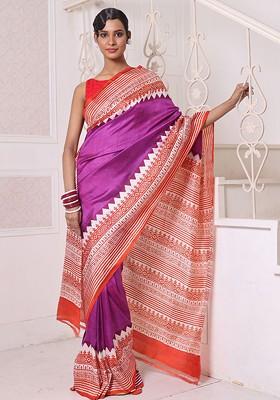 Purple Solid Pure Silk Saree Set