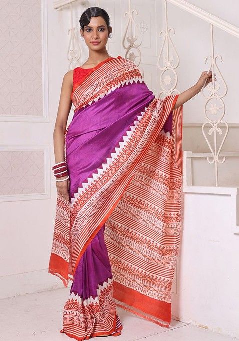 Purple Solid Pure Silk Saree Set