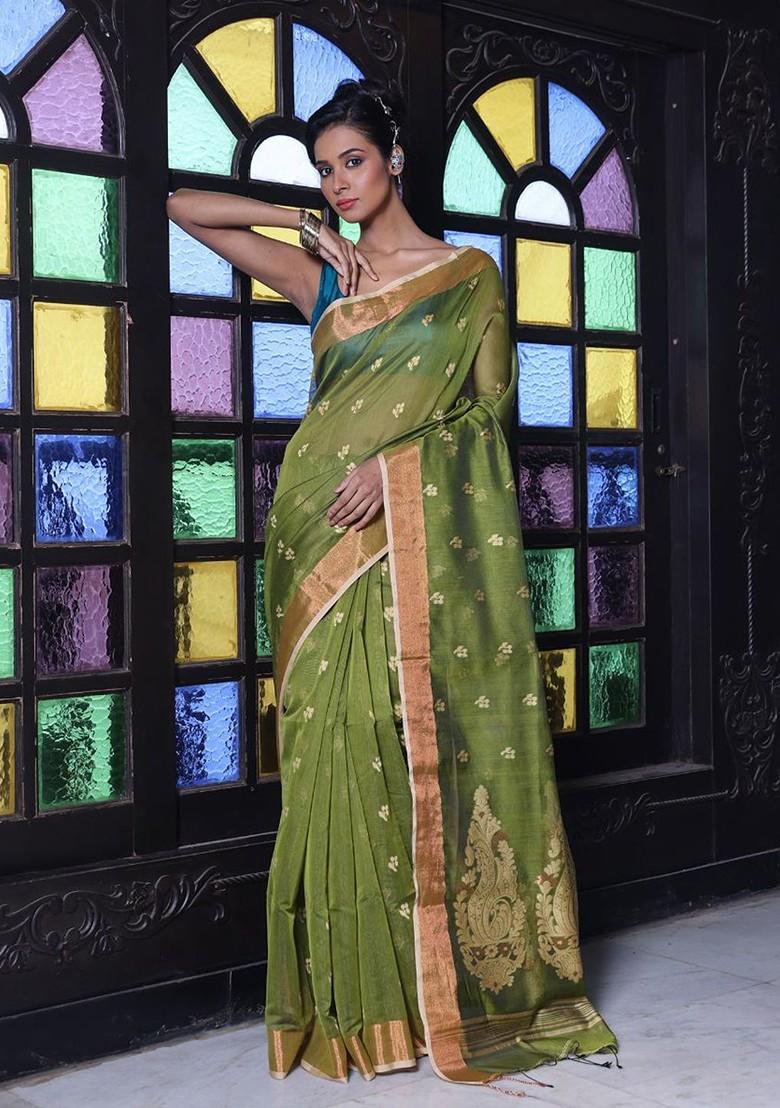 Green Ethnic Motifs Cotton Blend Saree Set