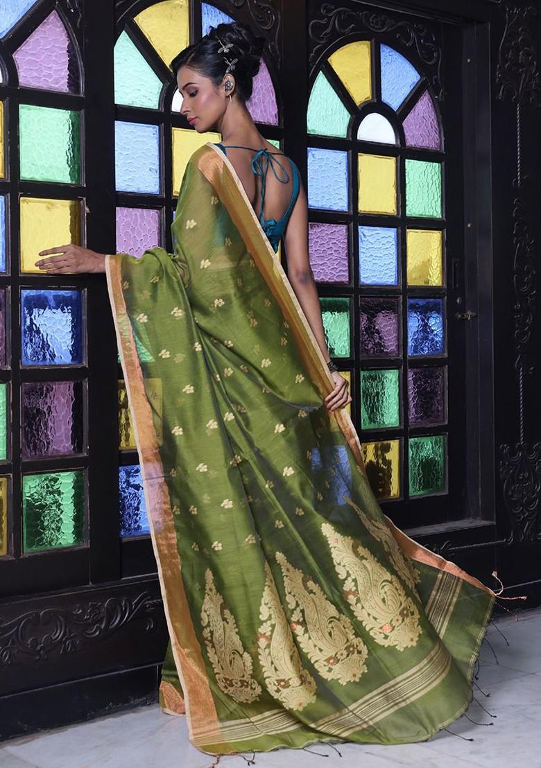 Green Ethnic Motifs Cotton Blend Saree Set