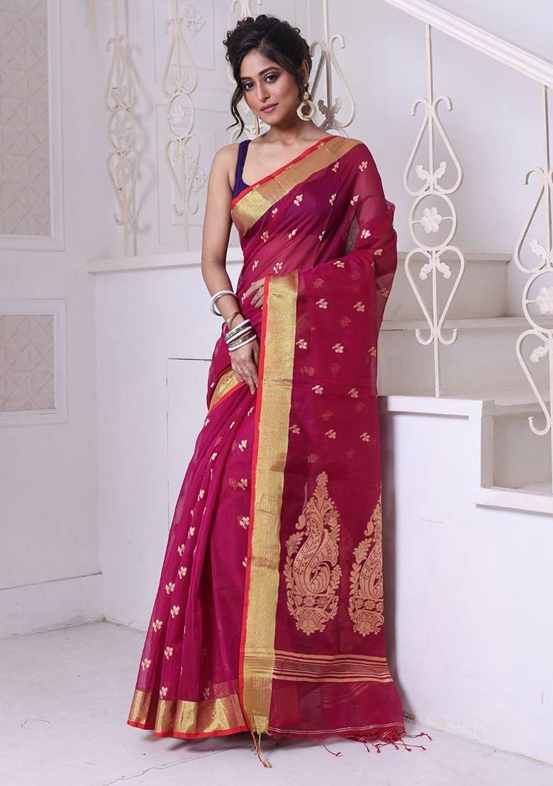 Purple Ethnic Motifs Cotton Blend Saree Set