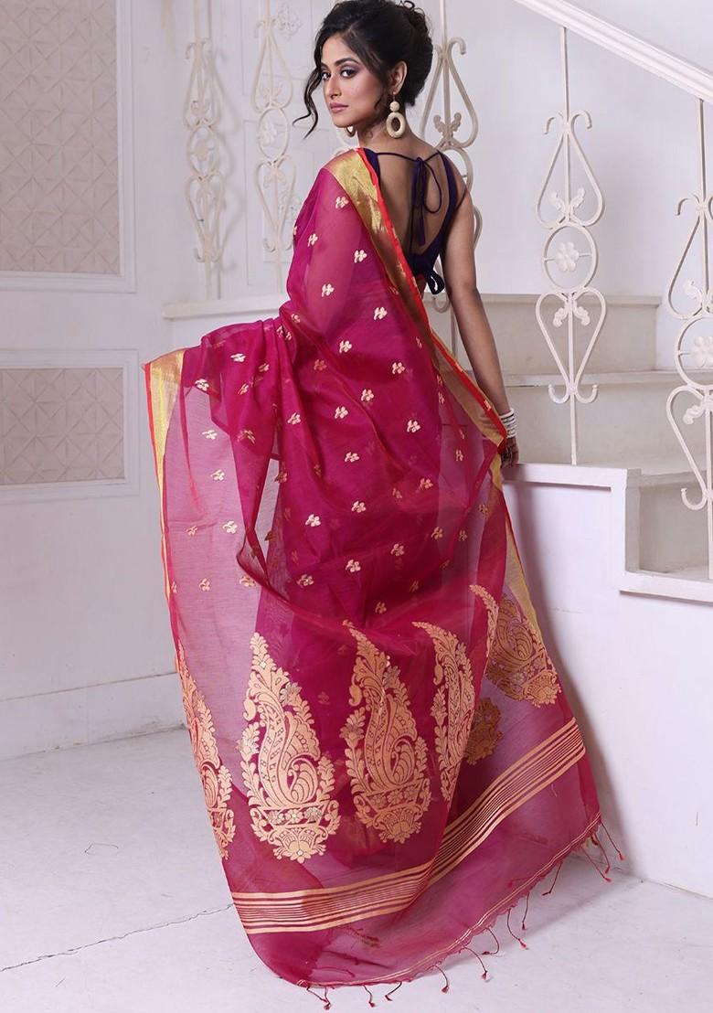 Purple Ethnic Motifs Cotton Blend Saree Set