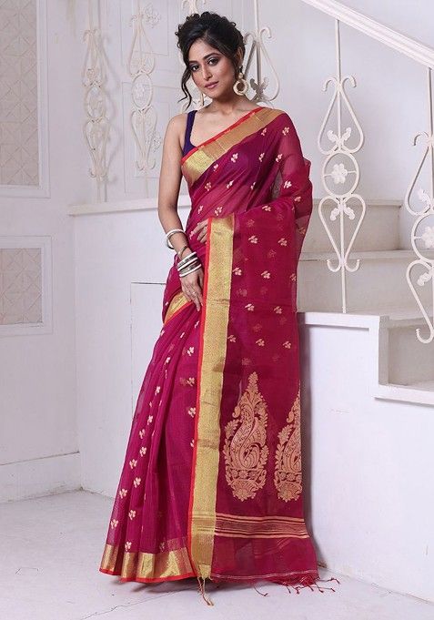 Purple Ethnic Motifs Cotton Blend Saree Set