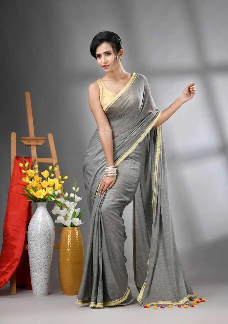 Grey Gota Patti Mulmul Cotton Saree Set
