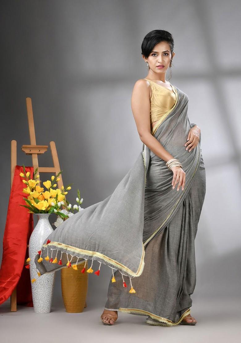 Grey Gota Patti Mulmul Cotton Saree Set