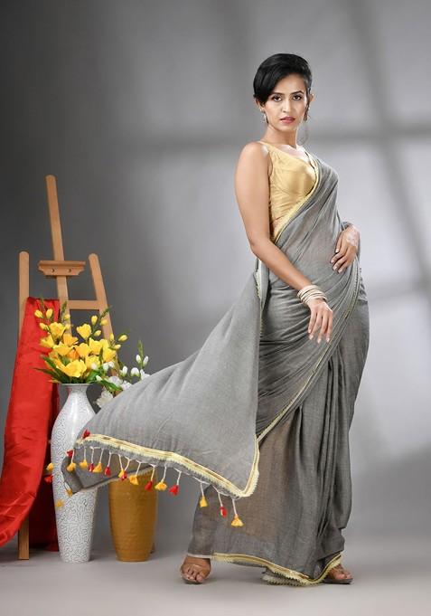 Grey Gota Patti Mulmul Cotton Saree Set