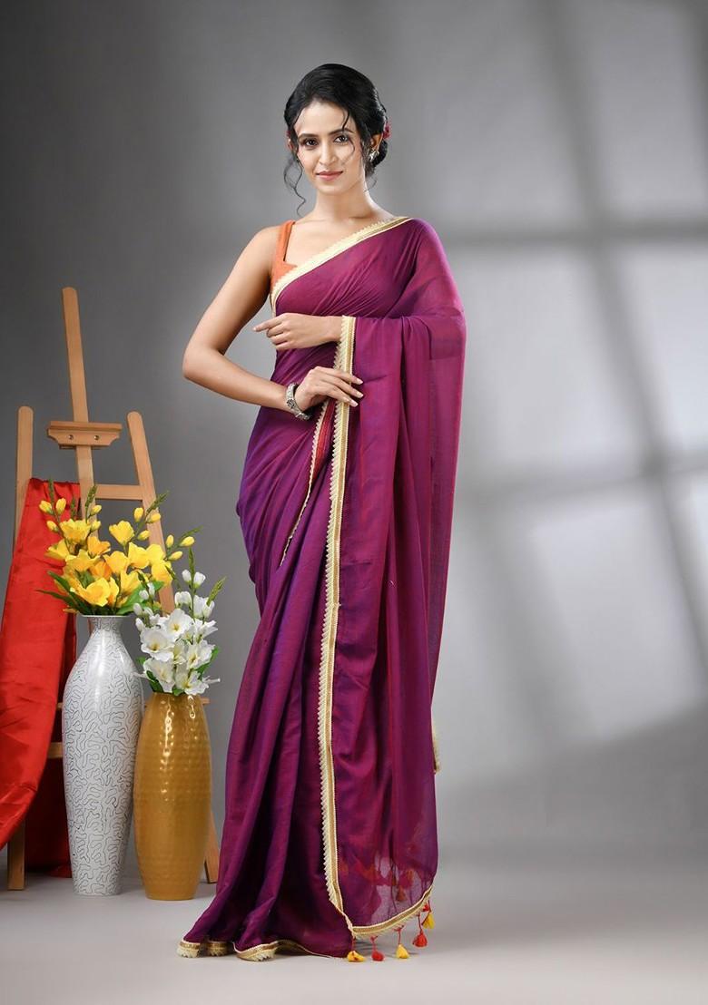 Purple Gota Patti Mulmul Cotton Saree Set