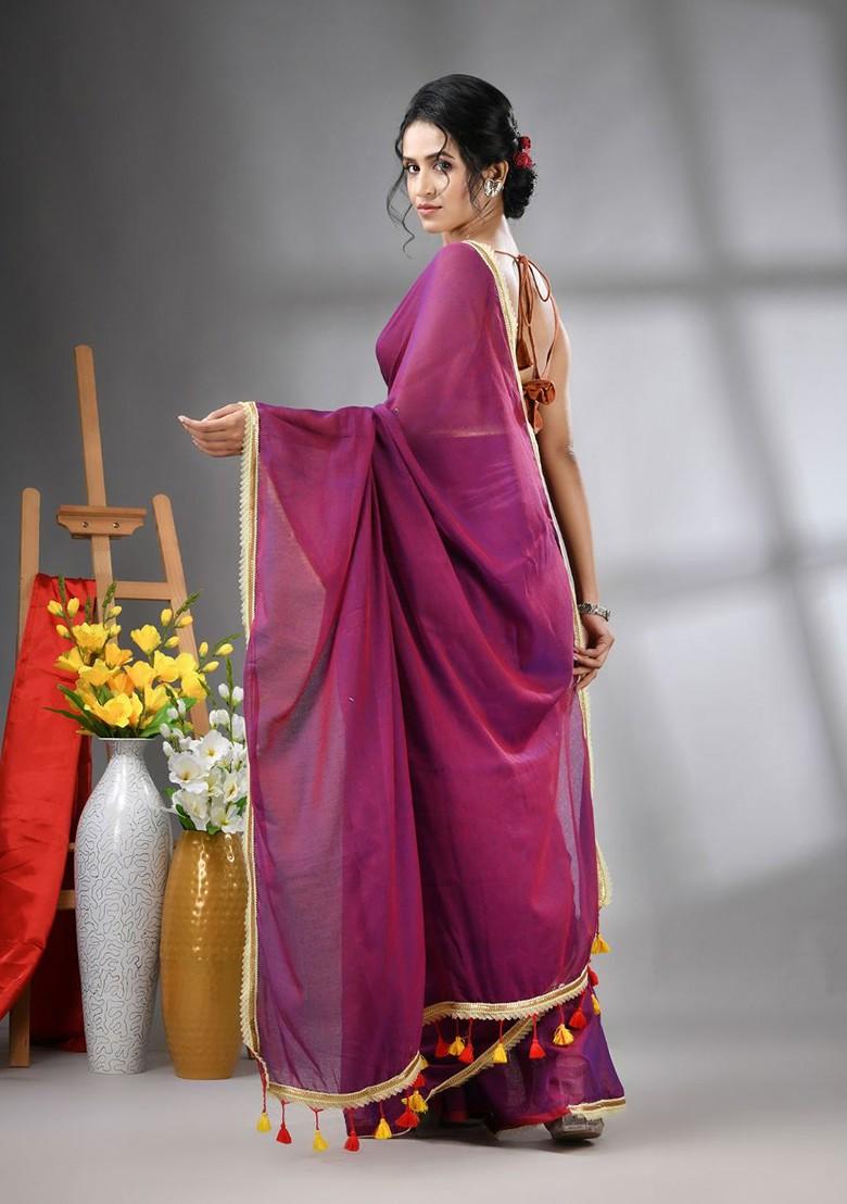 Purple Gota Patti Mulmul Cotton Saree Set