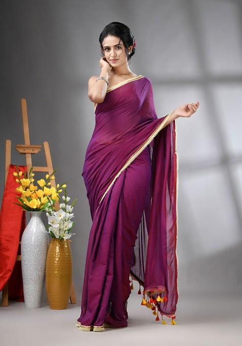Purple Gota Patti Mulmul Cotton Saree Set