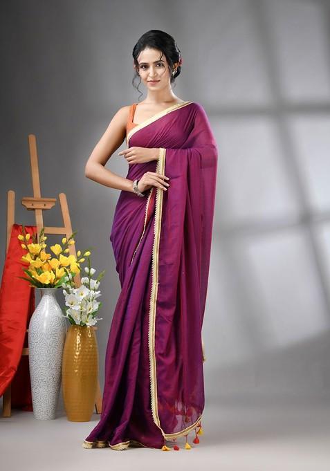 Purple Gota Patti Mulmul Cotton Saree Set