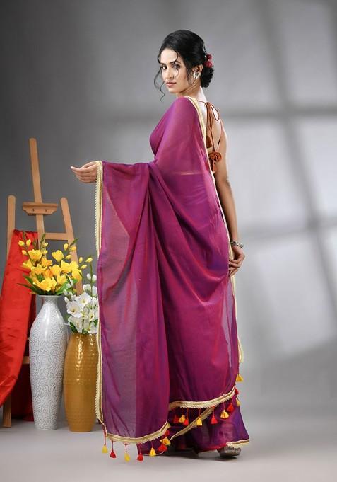 Purple Gota Patti Mulmul Cotton Saree Set