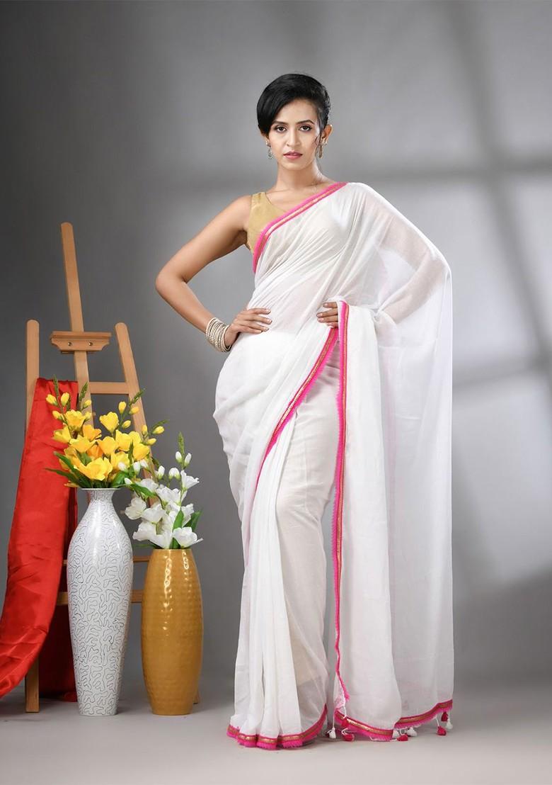 White Gota Patti Mulmul Cotton Saree Set