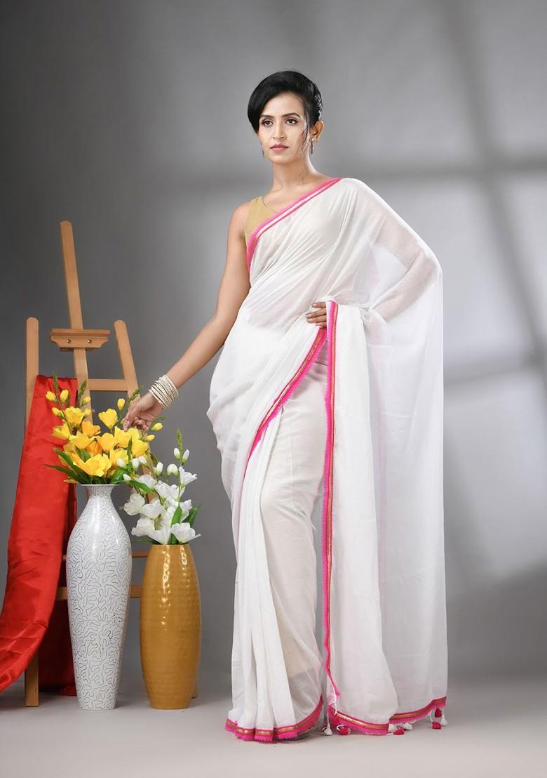 White Gota Patti Mulmul Cotton Saree Set