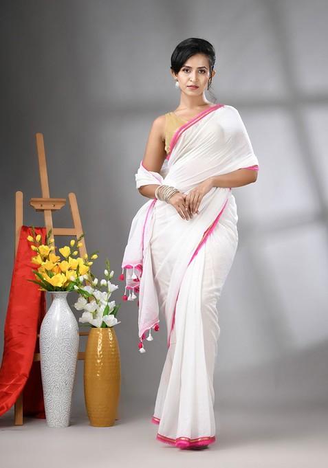 White Gota Patti Mulmul Cotton Saree Set