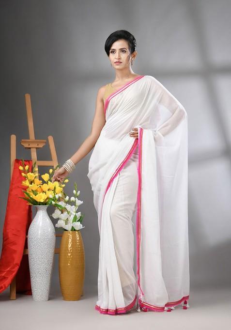White Gota Patti Mulmul Cotton Saree Set