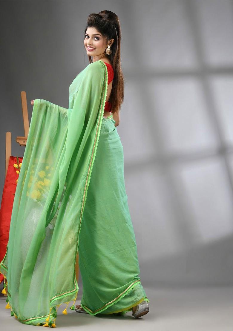 Green Gota Patti Mulmul Cotton Saree Set