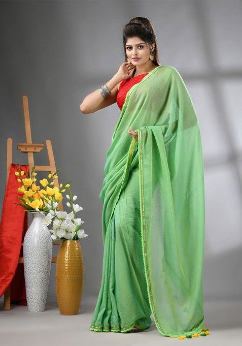 Green Gota Patti Mulmul Cotton Saree Set