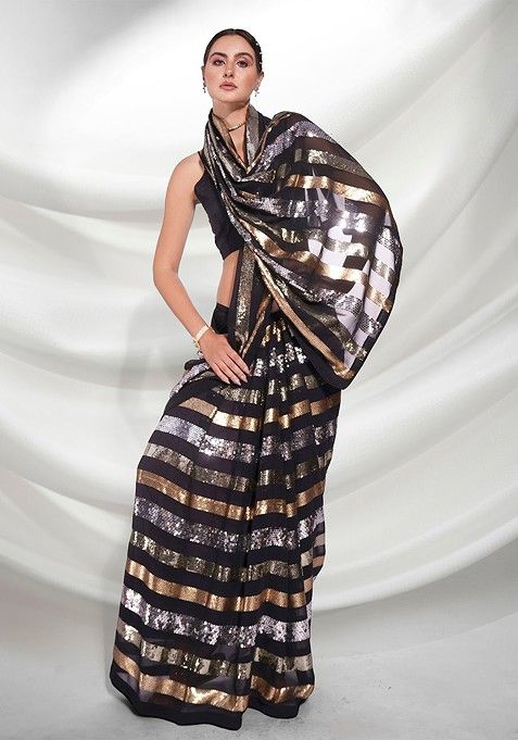 Black Sequin Embellished Georgette Saree Set